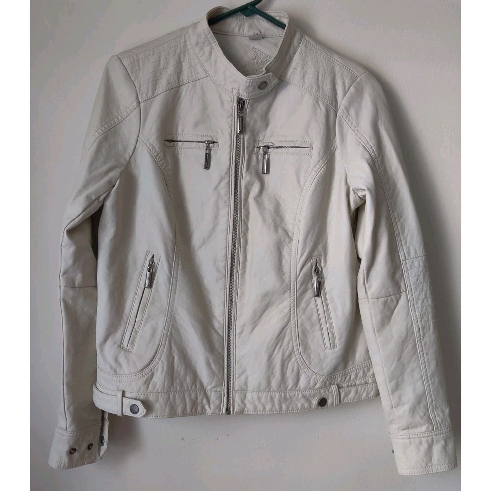 J2 by Joujou Faux Leather‎ Zip Jacket Women Fully Lined Off White w Pockets Sz L